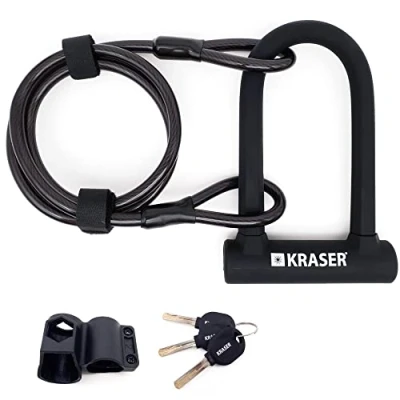 Abbildung von KRASER KR65145B Bügelschloss Fahrrad U Fahrradschloss Universal Hohe Sicherheit + Stahl Kabelschloss 120cm Halterung