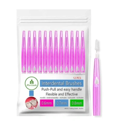 Abbildung von MoriVeda® NP Vital Interdentalbürsten 0.6mm pink Zahnzwischenraumbürsten mit Dental Labore entwickelt Push Pull Funktion 12 Stück