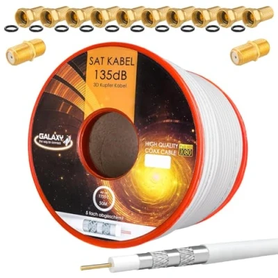 Abbildung von HB DIGITAL SET 50m Koaxial SAT Kabel 135db Weiß + 10x F Stecker &amp; 2x Verbinder vergoldet CU Kupfer Satellit Antennenkabel 5 Fach geschirmt für DVB S/S2 C/C2 T/T2 DAB+ Radio BK Anlagen