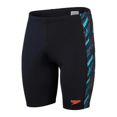 Abbildung von Speedo Hyperboom Panel Schwimmhose Schwimmtraining Fitness Chlorbeständig für Herren, Schwarz, Picton Blau, Sirenenrot, 28