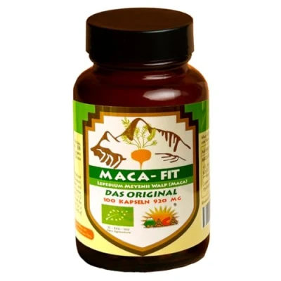 Abbildung von Maca Fit 100 Veganer Kapseln Original aus Peru Junin Bombon Zertifiziert, reines gelbes Pulver, rein pflanzlich ohne Zusatzstoffe