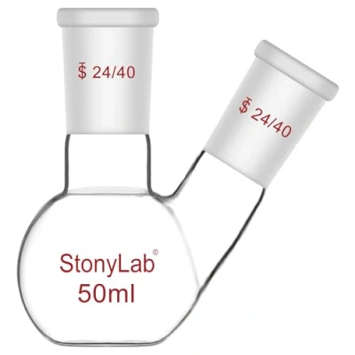 Abbildung von stonylab Flachbodenkolben FBF, Schwerwandiger 2 Hals Laborkolben Borosilikatglas Flachboden Siedekolben mit 24/40 Standard Gelenk, 50 ml