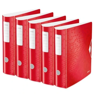 Abbildung von Leitz Qualitäts Ordner 180 Active WOW, 5er Pack, A4, breit, abgerundeter Rücken, 8,2 cm Gummibandverschluss, wasser und schmutzabweisendes Polyfoam, mit Innentaschen, WOW Serie, Rot, 11060026