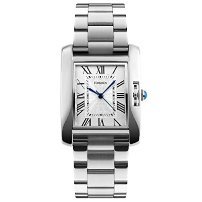 Abbildung von TONSHEN Luxus Fashion Damenuhr Rechteck Edelstahl Römische Nummer Casual Elegant Analog Quarz Uhren (Silber)