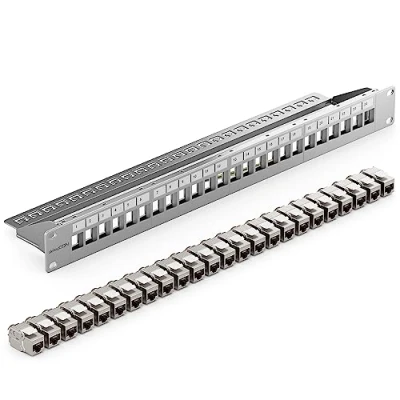 Abbildung von deleyCON 24 Port CAT7 Patchpanel SET Patchfeld Verteilerfeld Modular 1 HE 19&quot; Zoll Rackeinbau + 24x CAT 7 Keystone Module RJ45 LAN Netzwerk 10 Gbit/s 600 MHz Verlegekabel Grau