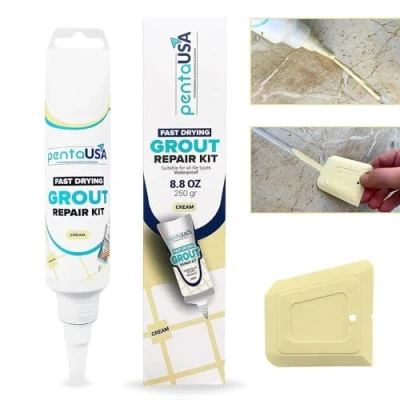 Abbildung von PentaUSA Cremefarbe Fugenmörtel Fugenkitt Reparatur Gelb, Tube zum Reparieren und Erneuern, Reparaturset für Restaurieren Von Kachelfugen, mit Spachtel (250 gr Creme Farbe)