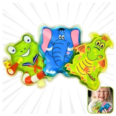 Abbildung von LisaCare Kühlpads Kinder 3er Set Kalt Warm Kompresse Kühli ungiftig Kühlpacks mit Frosch, Drache &amp; Elefant Motiv zur Warmanwendung!