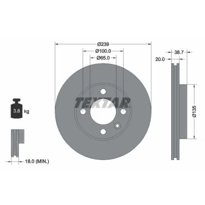Abbildung von TEXTAR PRO 92012103 Bremsscheibe 239 20 04/05 100 innenbelüftet beschichtet ohne Radbefestigungsbolzen, Radnabe VOLKSWAGEN: GOLF 2, 3
