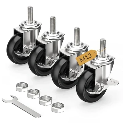 Abbildung von HOLKIE Lenkrollen 75mm (3 Zoll) mit Bremsen Möbelrollen Transportrollen, M12 x 1,75 30mm (Schaftdurchmesser 12mm, Schaftlänge 30mm) Schwerlastrollen Gummirollen 4er Set Rollen für Möbel Schwarz