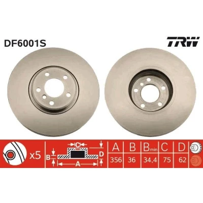 Abbildung von TRW DF6001S Bremsscheibe 356 36 5 120 Belüftet BMW: X5