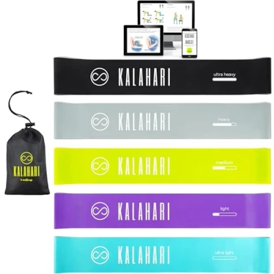 Abbildung von Kalahari Loop Band 5er Set Premium Plus E Book Übungen auf Deutsch und Tasche Fitnessband, Gummiband, Gymnastikband, Widerstandsbänder Fitness für Muskelaufbau, Physiotherapie, Stretching, Crossfit