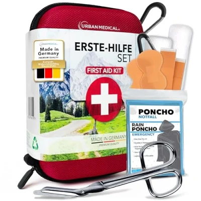 Abbildung von URBAN MEDICAL Outdoor Erste Hilfe Set aus Deutschland Vollausgestatteter Verbandskasten inkl. Malteser Notfallbroschüre, Rettungsdecke und Regenponcho Für Auto Fahrrad DIN13167