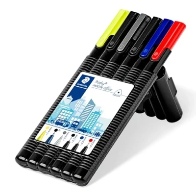 Abbildung von STAEDTLER triplus 34 SB6B Schreibset, Set mit drei Finelinern, Kugelschreiber, Druckbleistift und Textmarker, 6 Stück (1er Pack), schwarz