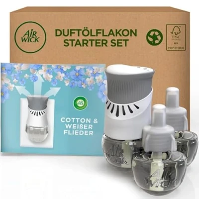Abbildung von Air Wick Duftölflakon Duftstecker Starter Set mit 3 Duftflakons Raumduft &amp; Lufterfrischer Cotton und Weißer Flieder Blumiger Duft für die Steckdose 1x Gerät 3x Nachfüller
