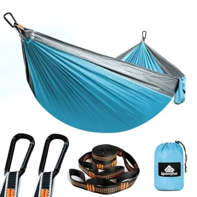Abbildung von NATUREFUN Ultraleichte Reise Camping Hängematte 300kg Tragkraft (275 x 140 cm) Atmungsaktiv, Schnelltrocknendes Fallschirm Nylon 2 Premium Karabiner,2 Schlingen Drinnen Draußen Garten