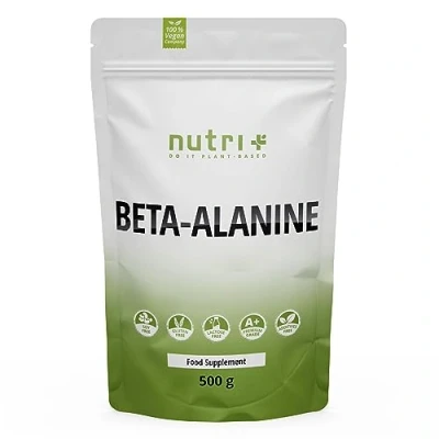 Abbildung von Nutri + Beta Alanin Pulver 500 g vegan rein hochdosiert und ohne Zusätze Pre Workout Booster ß Alanine Powder ideal als Trainingsbooster