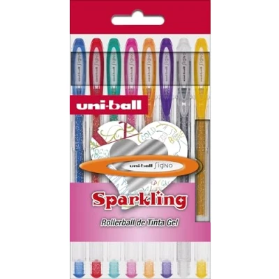Abbildung von Uni Ball Etui 8 Roller um 120 sparkling. Tinte Gel Effekt purpurina. Farben sortiert.