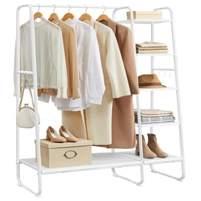 Abbildung von VASAGLE Kleiderständer, Garderobenständer, 45 x 120 160 cm Garderobe, Kleiderstange, Schuhablage, offener Kleiderschrank, 6 Haken abnehmbar, Schlafzimmer Flur, wolkenweiß mattweiß RGR116W02