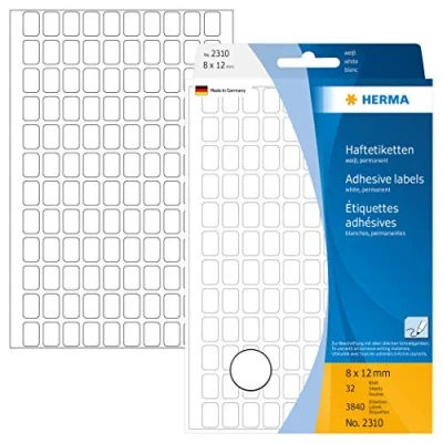 Abbildung von HERMA 2310 Vielzweck Etiketten, 3840 Stück, 8 x 12 mm, 120 pro Bogen, selbstklebend, Haushaltsetiketten zum Beschriften, matt, blanko Papier Klebeetiketten Aufkleber, weiß