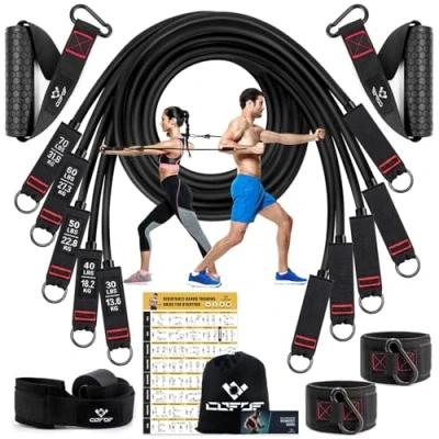 Abbildung von Resistance Bands Widerstandsbänder Set, 5 Fitnessbänder Expander Tube Bands, Fitnessband mit Großem Griff Knöchelriemen Türankerbefestigung Tragtasche, Ideal für Pilates Krafttraining
