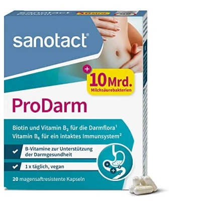 Abbildung von sanotact ProDarm (20 Kapseln) 10 Mrd. Milchsäurekulturen + 3 Bakterienstämme zur Darmsanierung Bakterienkulturen als Darmreinigungskur Mit Vitamin B6, B2 Biotin Darmkur Probiotika
