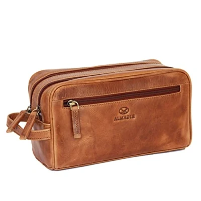 Abbildung von ALMADIH große Leder Kulturtasche für Damen und Herren Braun Deluxe Premium Badetasche Kulturbeutel Kosmetiktasche mit Doppel Reißverschluss (Pietro Deluxe)