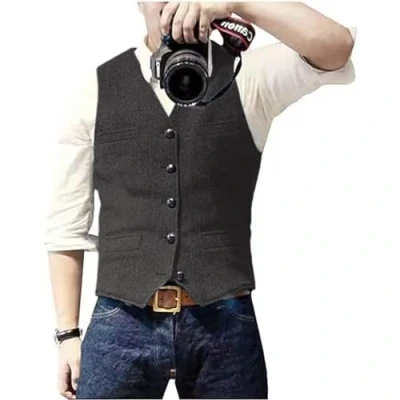 Abbildung von Solovedress Herren Casual Wolle Fischgrätmuster Anzug Weste V Ausschnitt Tweed für Hochzeit Groomsmen(Grau,XXL)