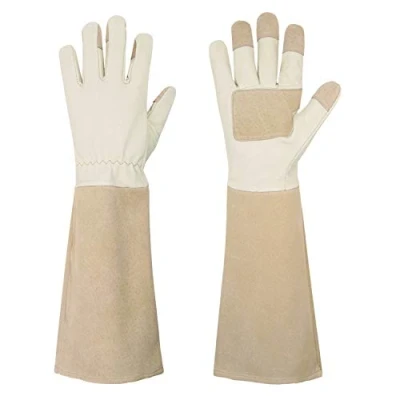 Abbildung von HANDLANDY Lange Gartenhandschuhe für Männer und Frauen, Schweinsleder, Rosen Handschuhe, atmungsaktiv langlebig, mit dornsicheren Stulpen (M, Beige)