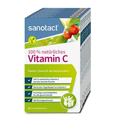Abbildung von sanotact Vitamin C (6x30 Lutschtabletten) Acerola Tabletten vegan 100% natürliches für Kinder &amp; Erwachsene Hochdosiertes aus der Kirsche