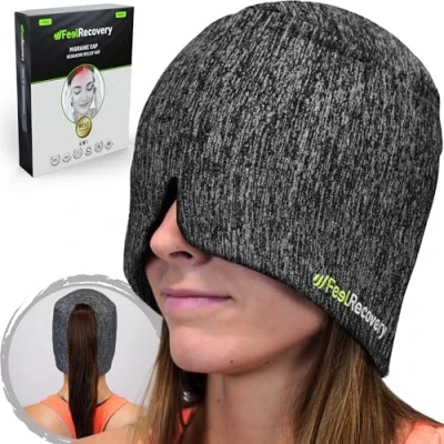 Abbildung von Migräne Maske 360º Kühlmütze für Migräne, Kopfschmerzen, Geschwollene Augen &amp; Stress Wiederverwendbare Gel Kühlmaske Mütze Kalt Warm Kompresse Schlafmaske Geruchlos +30% (Schwarz)