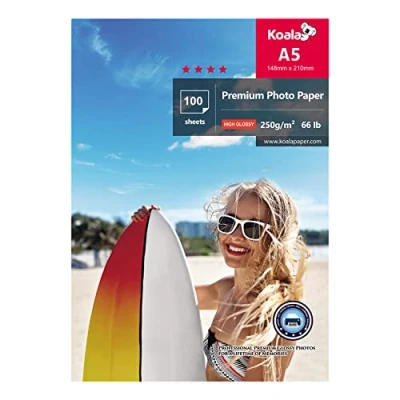 Abbildung von KOALA Glänzendes Inkjet Fotopapier, DIN A5, 148x210mm, 250g/m², 100 Blatt, mit Premium Hochglanz Advanced Kunstharz beschichtet, für Canon HP Epson Tintenstrahldrucker