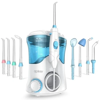 Abbildung von Apiker Munddusche elektrisch, Mundduschen mit 8 multifunktionalen Düsen und 10 verschiedenen Drucken für Mundhygiene, zahnzwischenraumreiniger Familie Reise, Oral Irrigator 600 ml (weiß)
