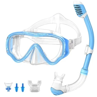 Abbildung von VILISUN Taucherbrille mit Schnorchel Anti Leck Fog Schnorchelset Tauchset aus Gehärtetem Glas, ideal für Tauchen, Schnorcheln und Schwimmen, Blau Set (Kinder)