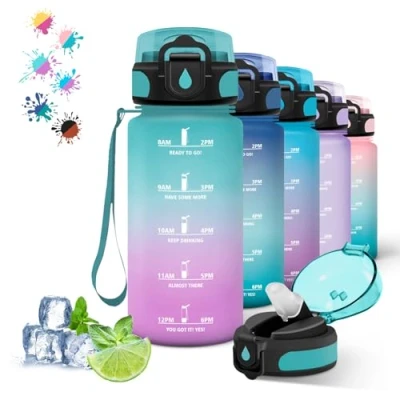 Abbildung von Trinkflasche Kinder 500ml Trinkflasche, mit Strohhalm, Leicht zu Reinigen, uhrzeit, Auslaufsicher, Zeitmarkierung für Schule, Reisen, Camping, Grün Rosa