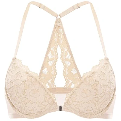 Abbildung von DOBREVA Damen Vorderverschluss BH mit Bügel Push Up Spitzen Neckholder BHS Racerback Tiefer Ausschnitt Gepolsterter Beige 70A