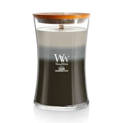 Abbildung von Große WoodWick Trilogy Duftkerze im Sanduhrglas mit Pluswick Innovation, Warm Woods