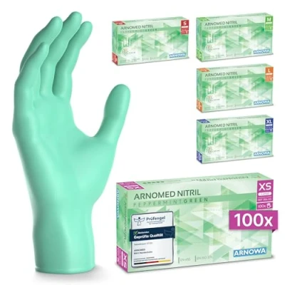 Abbildung von 100x ARNOMED Einweghandschuhe Grün, Nitrilhandschuhe XS, Einmalhandschuhe, Handschuhe Einweg puderfrei, latexfreie Gummihandschuhe, in S, M, L &amp; XL verfügbar