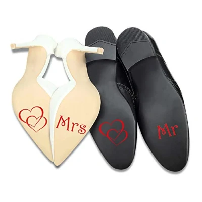 Abbildung von Aufkleber Set für Hochzeitsschuhe Schuhsticker Hochzeit Trauung Schuhe Heiraten Sticker Folie Selbstklebend Sprüche Symbole (Rot Glanz, K125 K126 Mrs Mr)