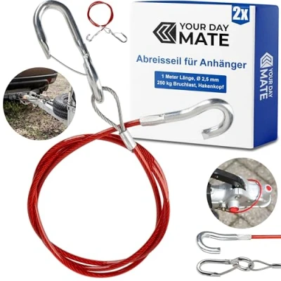 Abbildung von Abreisseil für Anhänger, 2 Sets, 1 Meter x Ø 2,5 mm Stahlseil mit Karabiner und Fanghaken, 250 kg Bruchlast, in Rot, alle Arten von gebremsten Anhängern Wohnwagen, ummanteltes Fangseil AHK