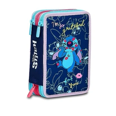 Abbildung von Federmäppchen mit 3 Reißverschlüssen und Stitch, blau, Taglia Unica, Schule