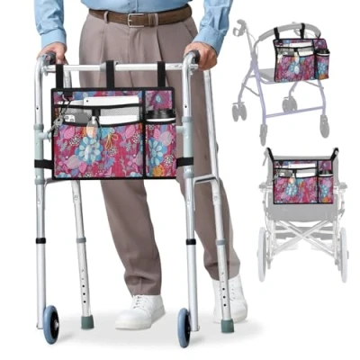 Abbildung von supregear Walker Tasche mit Getränkehalter, Wasserdicht Rollstuhltasche Falten Zubehör Korb für Rollstühle, Rollatoren, Roller, Violett Geblümt