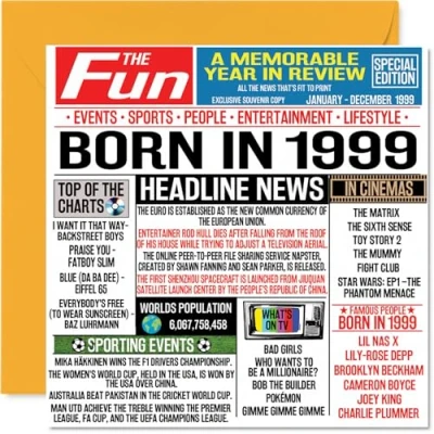 Abbildung von Stuff4 Geburtstagskarte zum 25. Geburtstag für Männer und Frauen Born in 1999 Zeitung Happy 25 Sohn, Tochter, Cousin, Vintage, Retro, Back 1999, 145 x mm,