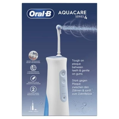 Abbildung von Oral B AquaCare 4 Kabellose Munddusche, Zahnzwischenraumreiniger für sanfte Zahnreinigung &amp; gesünderes Zahnfleisch, mit Oxyjet Technologie, 2 Modi Zahnpflege, weiß/blau