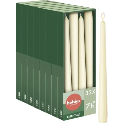 Abbildung von Bolsius Glatte Spitzkerzen Elfenbein 32 Stück im Karton Dekorative Haushaltkerzen Brenndauer 7 Stunden Unparfümierte Enthält Natürliches Pflanzenwachts Ohne Palmöl 24,5 cm