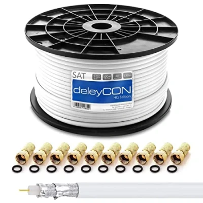 Abbildung von deleyCON HQ 100m SAT Koaxial Kabel 130dB 4 fach geschirmt für DVB S S2 T und C Stahl/Kupfer Innenleiter 4K 1080p FULL HD HDTV inkl. 10x vergoldete F Stecker