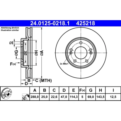 Abbildung von ATE 24.0125 0218.1 Bremsscheibe 288,0 25,0 5 114,3 Belüftet beschichtet hochgekohlt HYUNDAI: i30 III Estate, Hatchback, Fastback