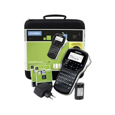 Abbildung von DYMO LabelManager 280 Wiederaufladbares Handheld Etikettendrucker Set, QWERTY Tastatur, mit 2 Rollen D1 Etiketten und Tragetasche