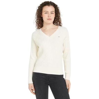 Abbildung von Tommy Hilfiger Damen Pullover Cable Sweater mit V Ausschnitt, Elfenbein (Ivory Petal), XL