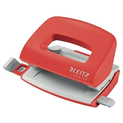 Abbildung von Leitz NeXXt Recycle Mini Locher, 10 Blattlocher A4, kleiner Papierlocher für Büro &amp; Schule, 100 % recyclebar, CO2 kompensiert, umweltfreundlich, Sortiment, Rot, 50100025