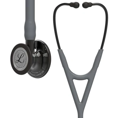 Abbildung von 3M Littmann Cardiology IV Stethoskop für die Diagnose, hochglänzendes, Smoke Finish Bruststück, grauer Schlauch, Schlauchanschluss und Ohrbügel in Rauchfarben, 69 cm, 6238